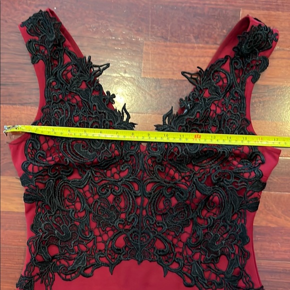 Womens 10 Lipsy Deep Red Dress with Black Lace Overlay Double V Neck - Picture 8 of 12